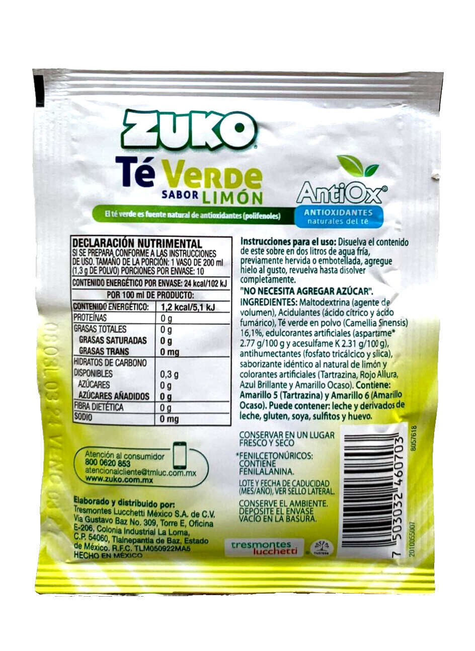 12-Pk ZUKO Green Tea/Te Verde Sabor Limon Powdered Drink Mix 13g/.45oz