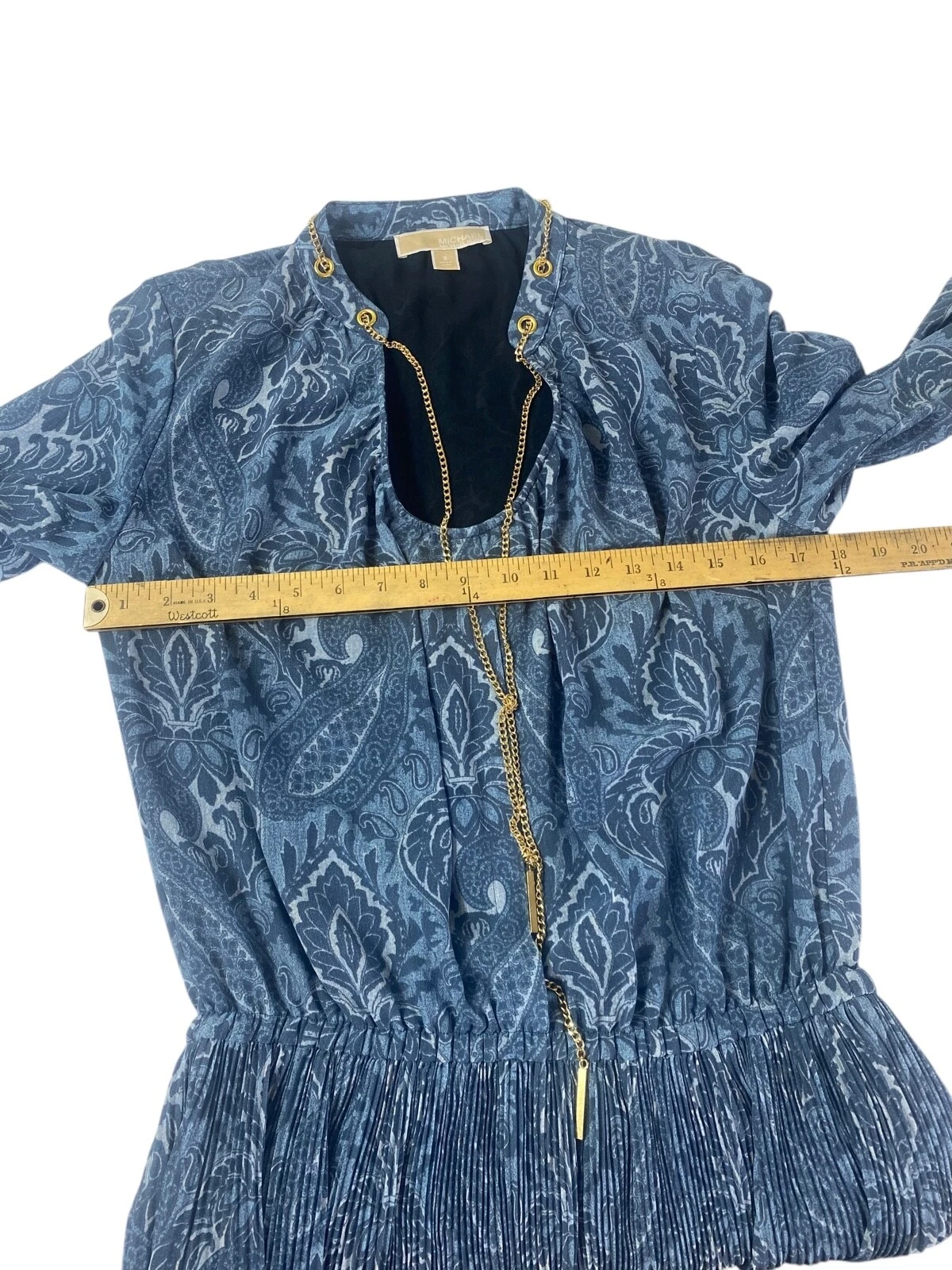 Abito Michael Kors stampato Georgette Peasent S blu manica lunga sopra il ginocchio fluido