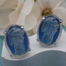 Vtg Swank Bavarian Intaglio Fallen Angel Nude Clear Blue Silver Tone Cufflinks