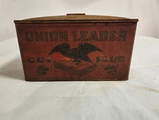 Antique Union Leader Cut Plug Empty Red Tin Tobacco Can Lunch Pail Eagle