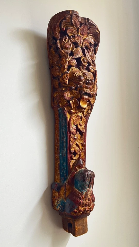Antique Indonesian wood carving painted gold corbel bracket architecture part - Изображение 2 из 4