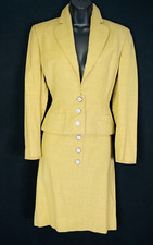 Vintage 1940s yellow suit, chartreuse skirt jacket blazer dress set, wool S