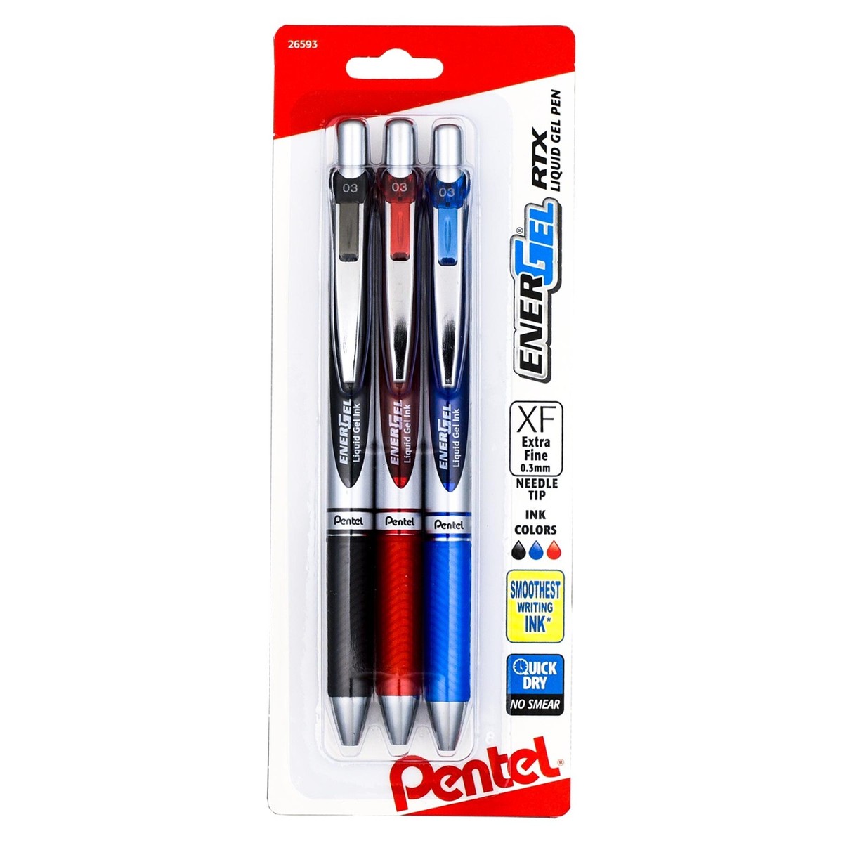 Pentel Energel RTX BLN73BP3M Needle Tip Pens, Black, Blue