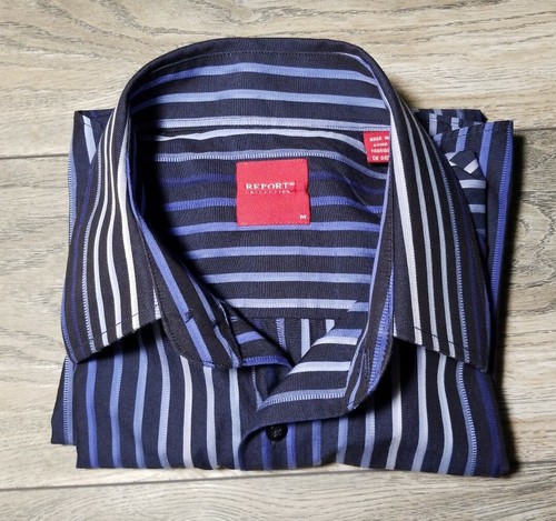 Report Collection Men Medium Long Sleeve Shirt Blue Stripe Business Dress Button - Picture 10 of 12
