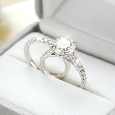 Round Cut Moissanite Engagement Ring Set Women Wedding Band 925 Sterling Silver