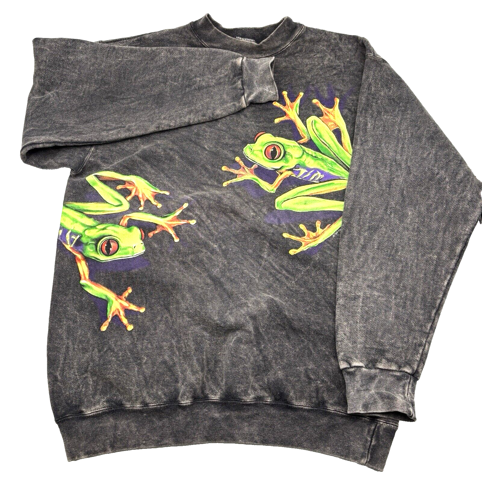 1994 Harlequin Acid Wash Tree Frog Graphic Print Mock Neck Pullover Sweater M