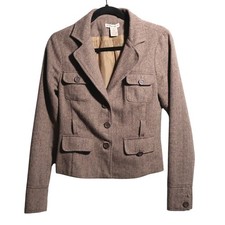 VTG Y2K Brown Wool Blend Herringbone Blazer Jacket Academia Preppy Womens S 