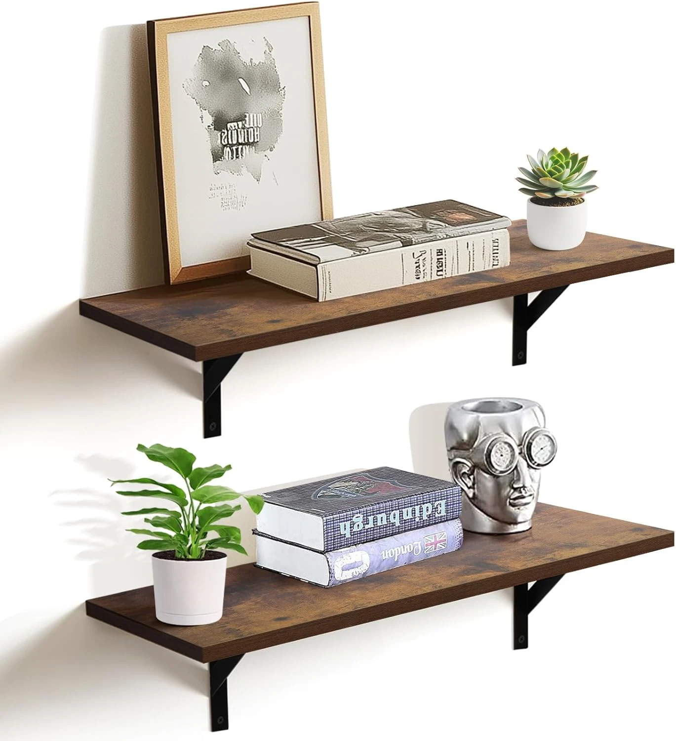 Rustic Brown 2 Pc Wall Mounted Floating Shelves for Home & Office Decor