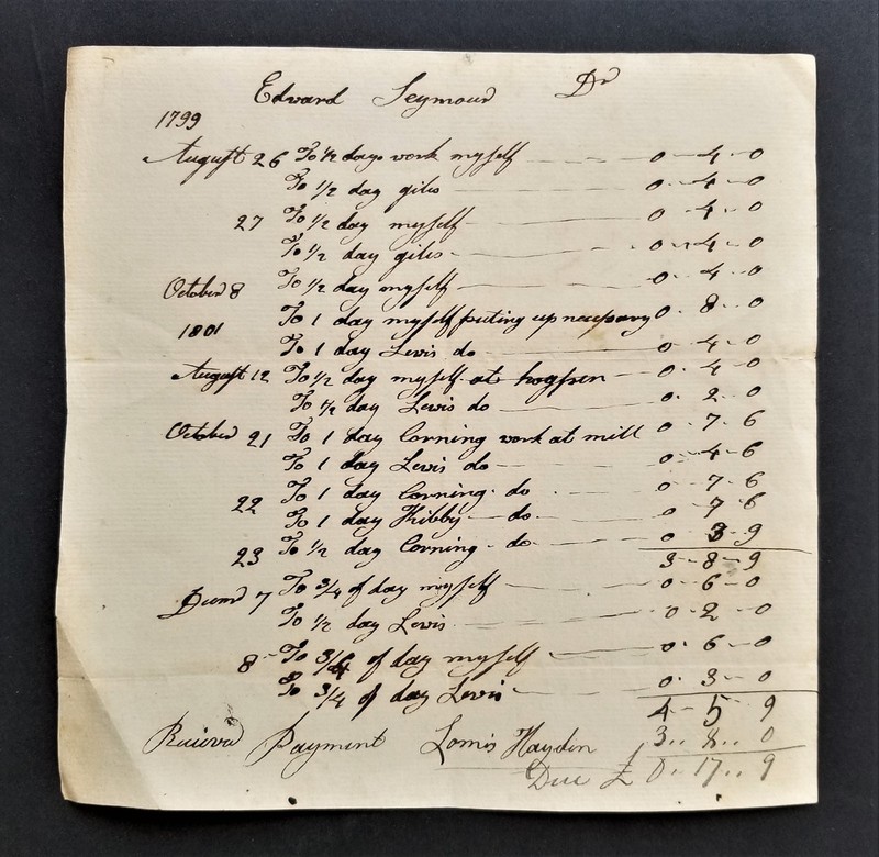 1799 antique GRIST MILL hartford ct HANDWRITTEN LABOR BILL seymour LOOMIS