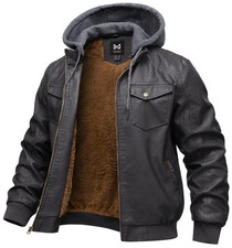 Men's Hooded Faux Leather Motorcycle Bomber Jacket Dark Grey Large