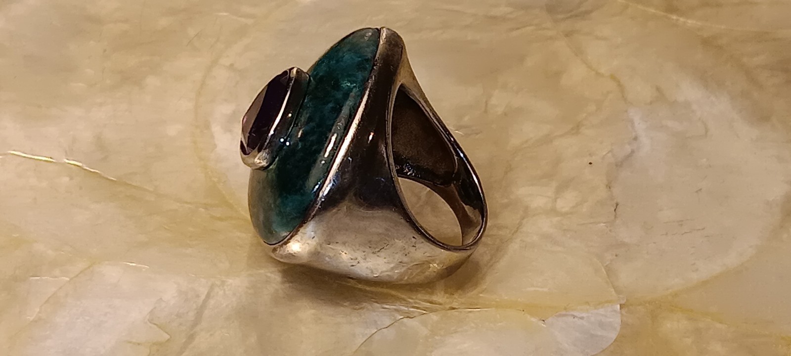 Turquoise Triangle Centered Amethyst Ring Abstrac… - image 12