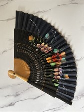 Vtg 2 Handheld Folding Fan Hand Fan Wood Fabric Hand Painted Floral