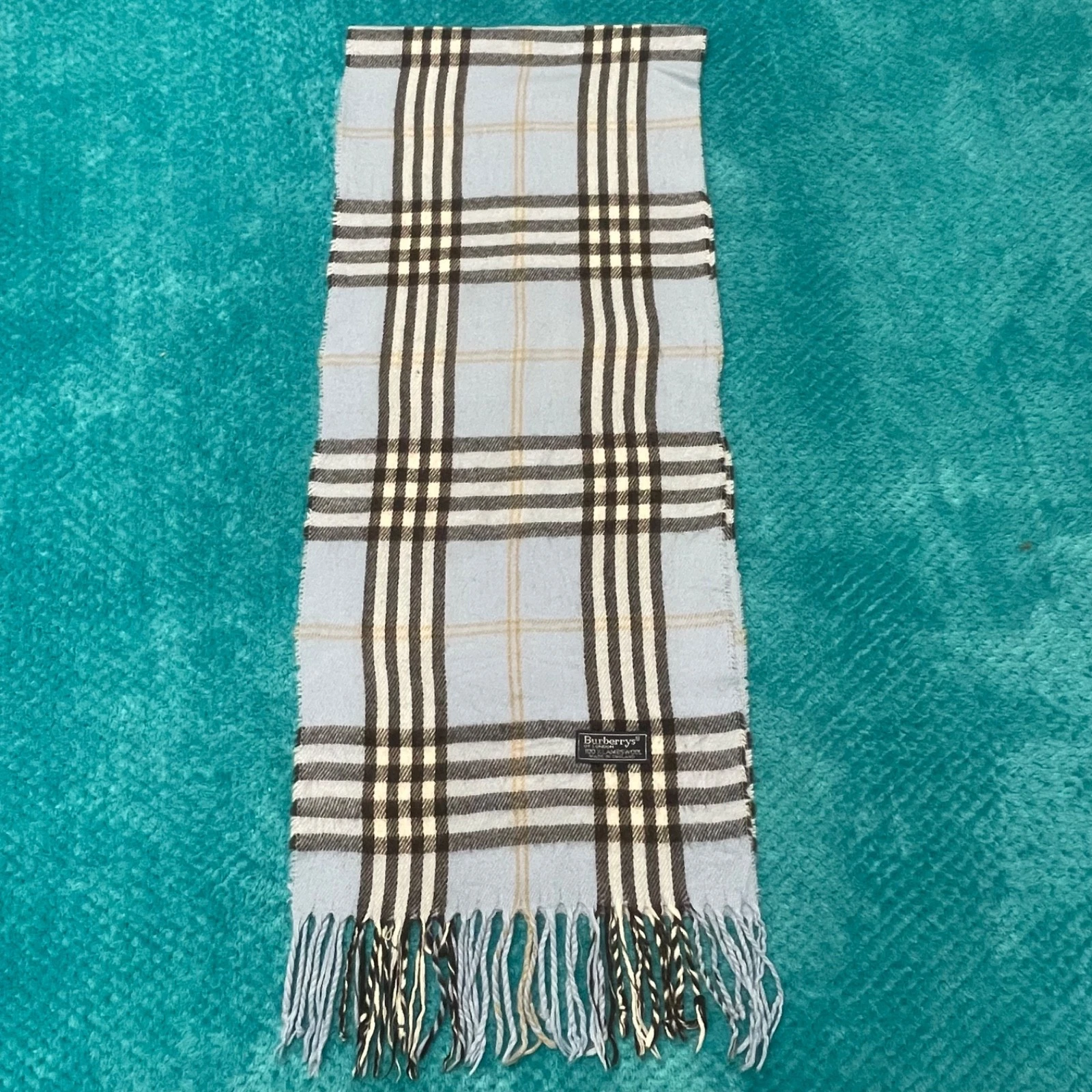 Burberry Vintage Scarf Pale Blue with Black & White Check Wool 146/30cm Preloved