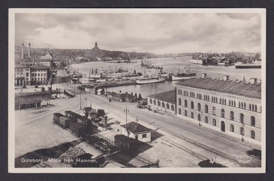 Vintage postcard Goteborg Sweden harbor view Masthuggskyrkan port warehouses