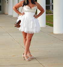 Sherri Hill Women’s White Strapless Sweetheart Corset Ruffle Mini Dress 16
