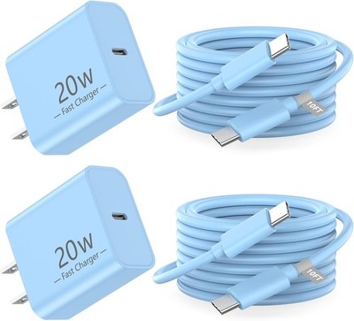 2 Pack 20W USB-C Fast Charger Wall Charger for iPhone 17/16, 10FT Cable