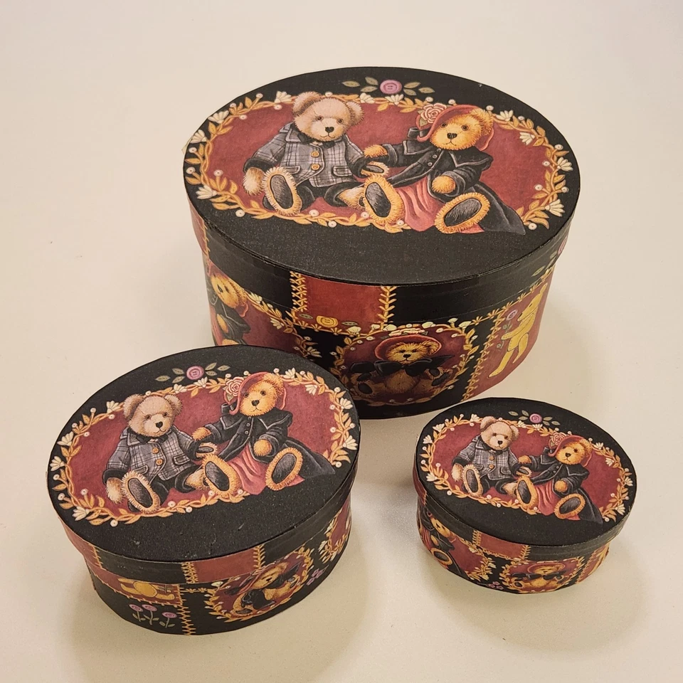 Set of 3 Stacking Nesting Floral Bob’s Boxes Victorian Teddies Teddy Bears Oval - Image 4 of 4