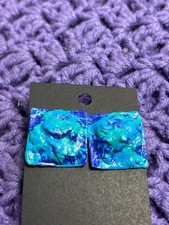 Vintage Abstract Blue Green Enamel Square Stud Earrings 1 inch