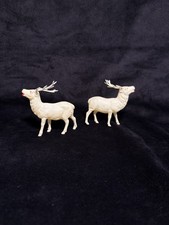 2 Vintage Christmas Celluloid Plastic Reindeer White, Red Eyes 3" Tall