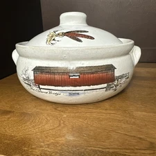 Glazed Stoneware Lidded Crock Casserole Stoneware Covered Bridge Vintage
