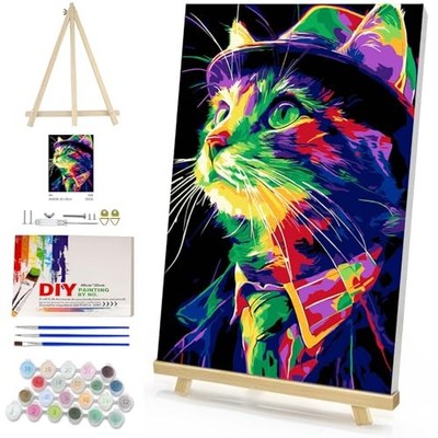  Cat Paint by Numbers Kit for Adults with Frame and Wooden Easel, EAX038