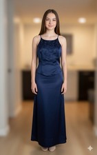 Vtg Dave  Johnny By Laura Ryner Size 9/10 Navy Satin Beaded Prom Formal Dress M