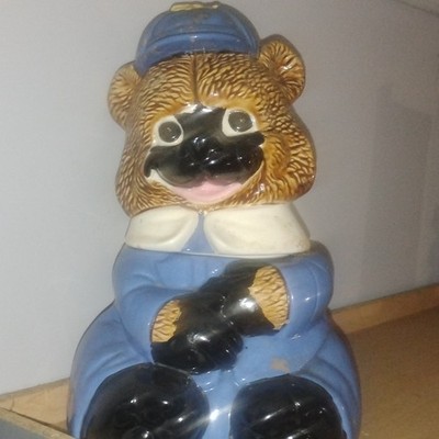 Ceramic Bear Cookie Jar with Blue Outfit and Lid, Animal Theme, Free Standing