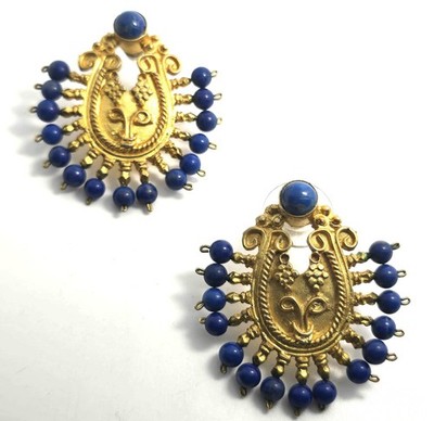 Ottoman style dyed dark blue quartz Turkish gold over sterling silver harem earr
