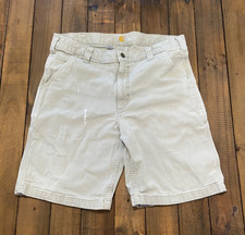 Carhartt Shorts Mens 34 Khaki Tan Relaxed Fit Canvas Work Carpenter Distressed
