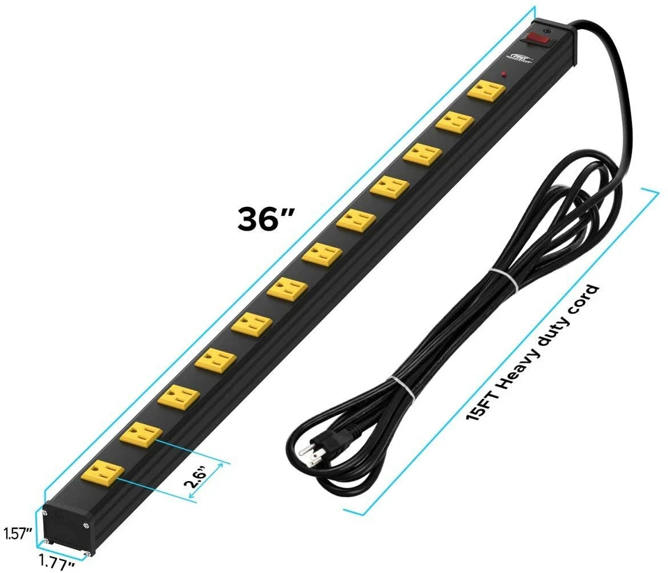 36" Power Strip Wide Spaced 12-Outlet 15 Feet Cord,15A Circuit,heavy duty,metal - Image 2 of 4
