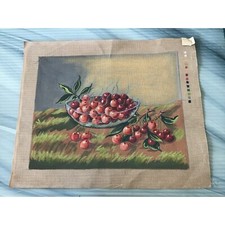 Vintage Needlepoint Cherries in Fruit Bowl Canvas Only 21.5  x 17.75  