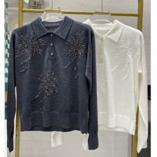 Brunello Cucinelli Womens Spring Embroidery Flower Sequins Wool Knitted Sweater