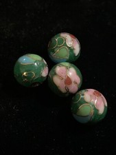 4 Vintage Green w Pink Flowers Leaves Cloisonne Chinese Enamel Round Beads 10mm