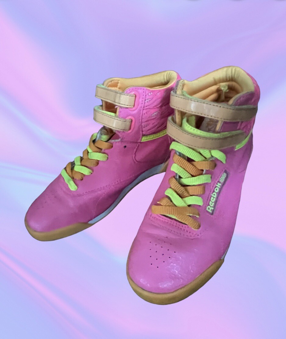 Reebok Freestyle Hi Classic Pink Orange Yellow Kids Girls Sneakers Size  Used