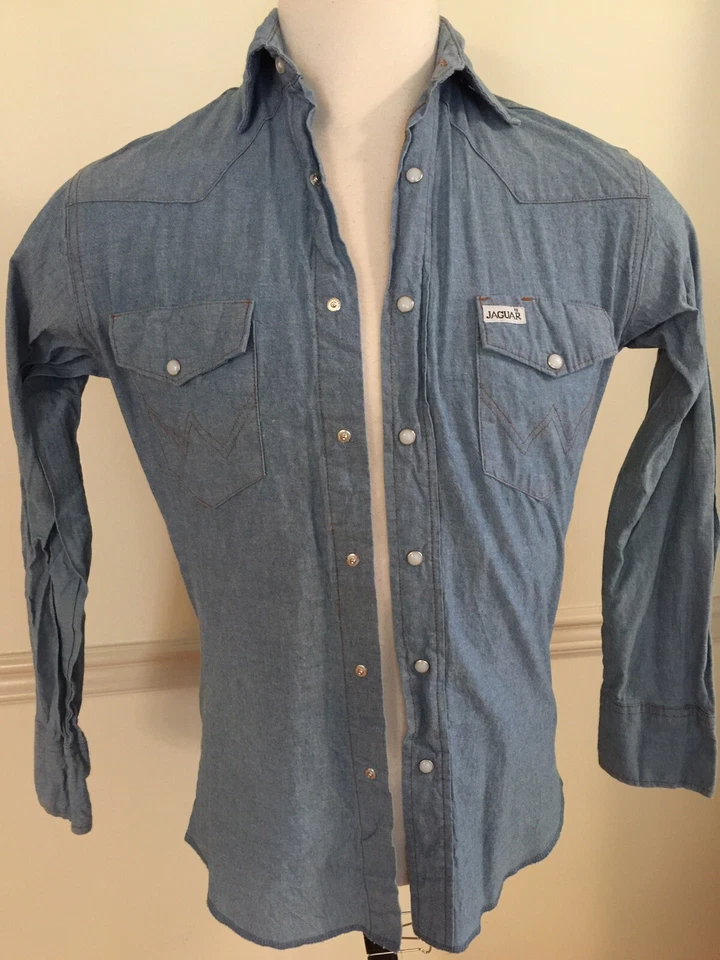 Hombres Jaguar Snap Manga Larga L/S Camisa Azul Sólido Bolsillo Algodón Occidental Pequeña Usada en Excelente Condición Foto 2 de 4