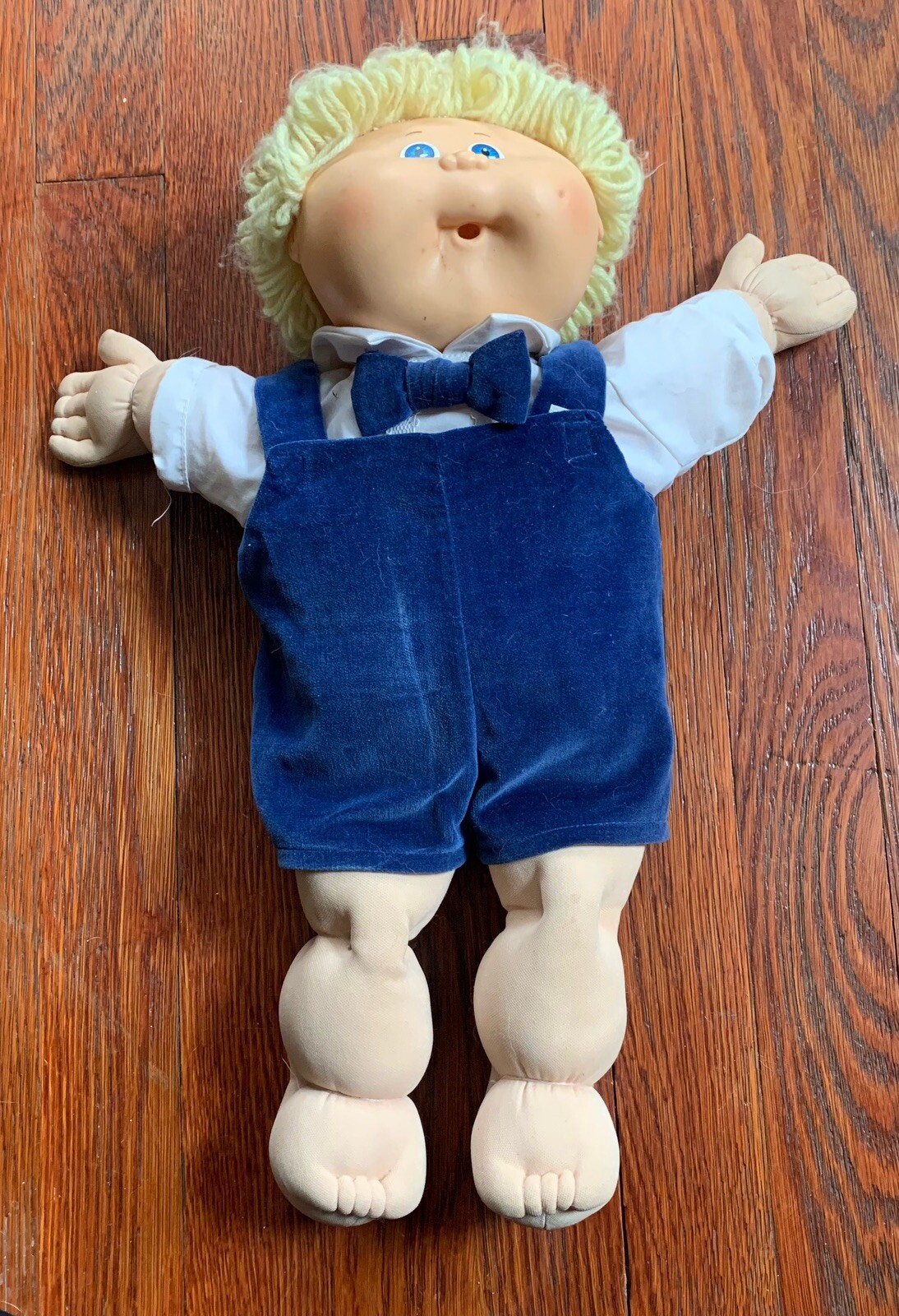 Vintage Cabbage Patch Doll Boy Twin Blue Velvet Overalls Blue Eyes Blonde Hair
