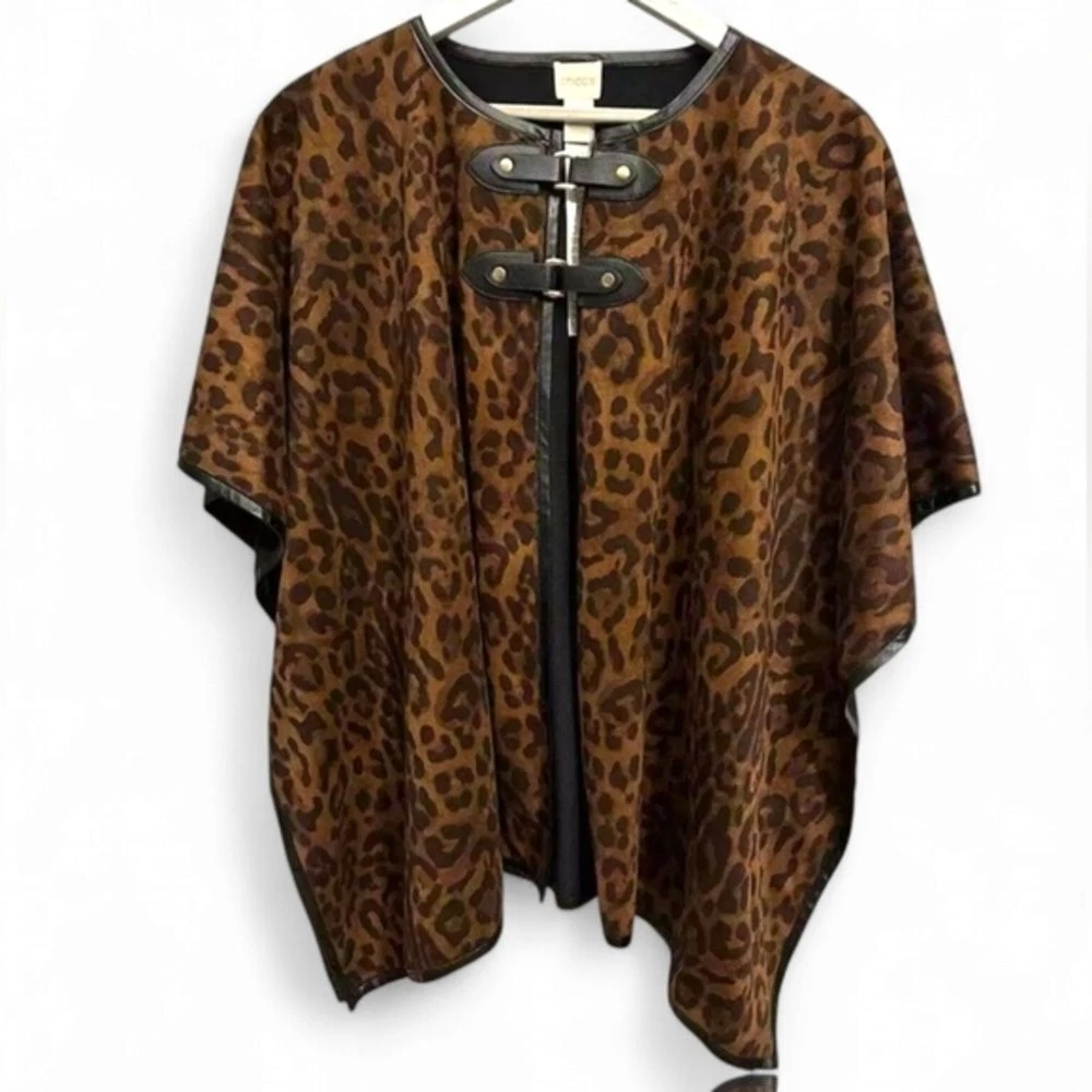 Chico's Cheetah Poncho cape jacket vegan leather trim gold hardware One Size