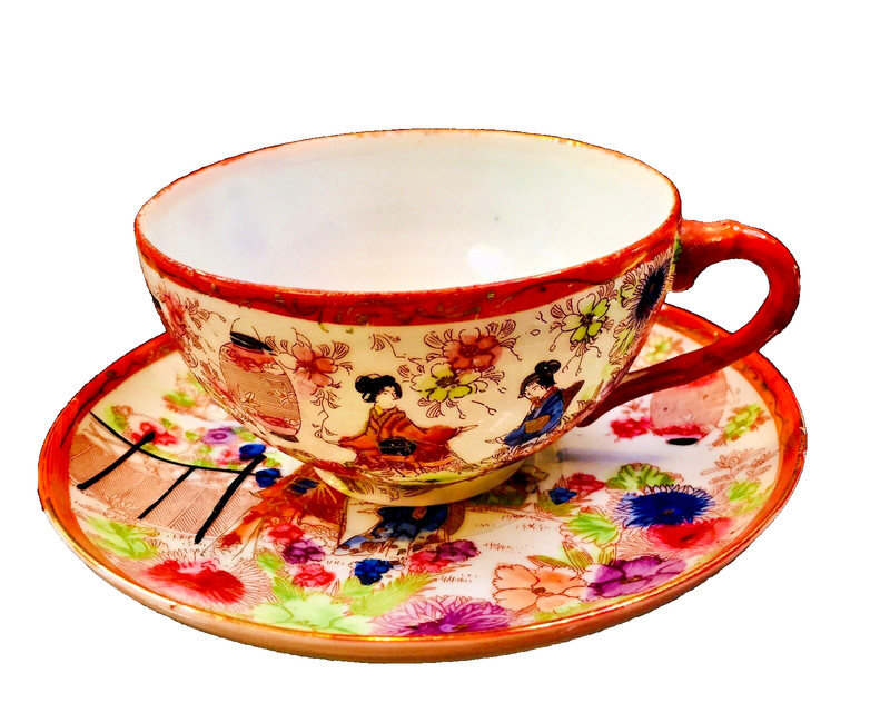 Vintage Cup Saucer Rose Medallion Hong Kong Porcelain Ware Famille Gold Accents