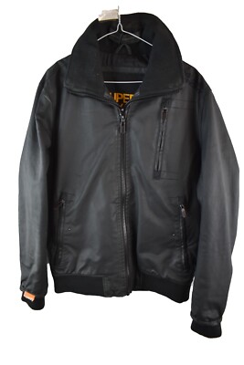 SUPERDRY Brad schwarze Lederjacke Gr. XL Herren Full Zip Biker Bomber Freizeit