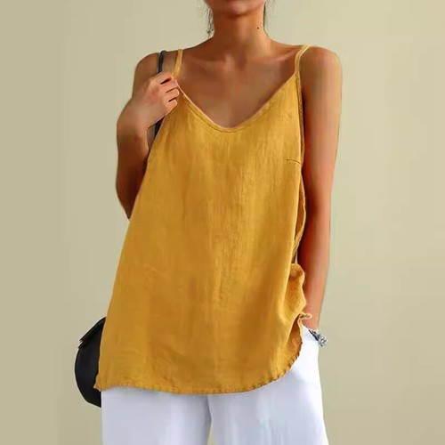 Women Summer Cotton Linen Sleeveless Vest T-Shirt Casual Tank Tops Tees Tunic - Picture 12 of 16