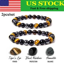 2pcs Tiger Eye Natural Stone Obsidian 6/10mm Beads Bracelet Men Women Jewelry
