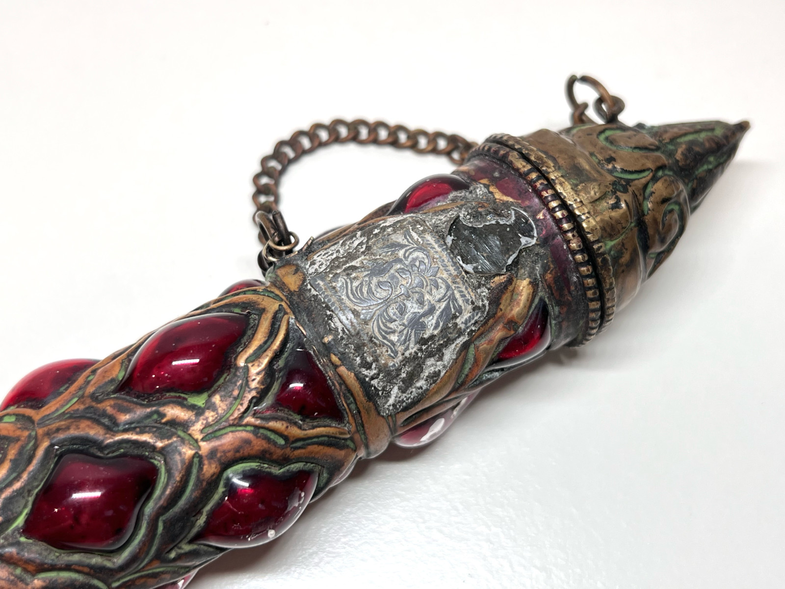 Antique Brass Caged Glass Pillar Bottle with Stopper and Chain