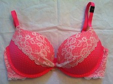 NWT VICTORIA SECRET HOT PINK WHITE POLKA DOT PADDED DEMI PUSH UP 34D BRA LACE
