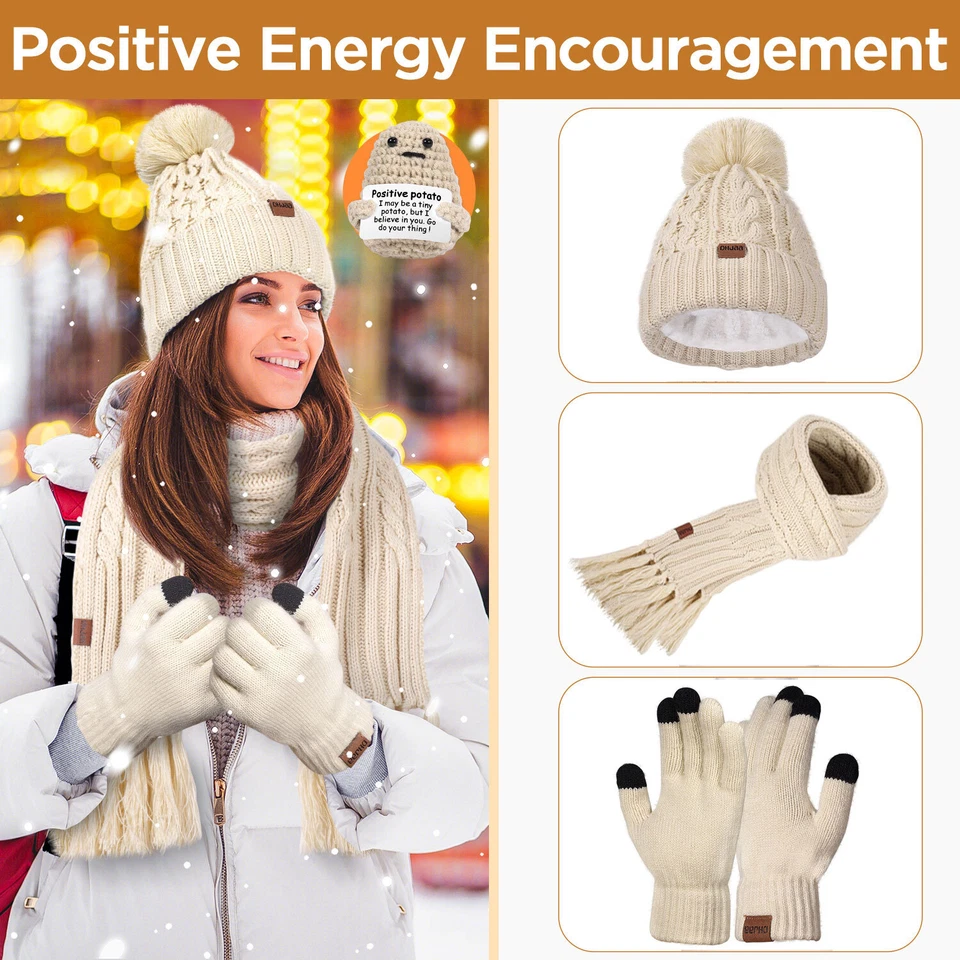 Winter Beanie Hat Scarf Gloves Set for Women Fleece Lined Hat Touchscreen Gloves - Image 2 of 4