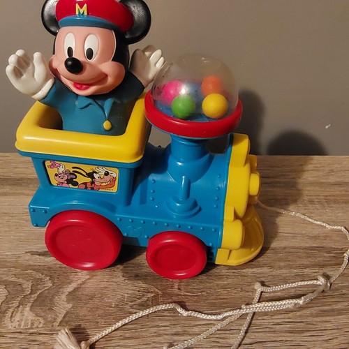 Vintage Kunststoff Disney Mickey Mouse im Zug Ziehen Spielzeug Kugeln Pop Up beim Ziehen