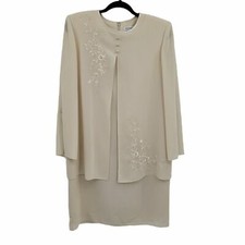 Vintage Draper's & Damon's Dress Formal Modest Caped Shift Embroidered Cream MP