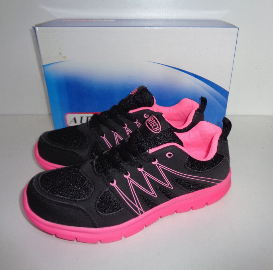 Ladies Trainers New Casual Black Pink Womens Lace Up Sports Gym Shoes