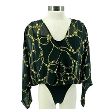 Leyden One Piece Bodysuit Sheer Black Chain Dolman Long Sleeve NWT Womens Large