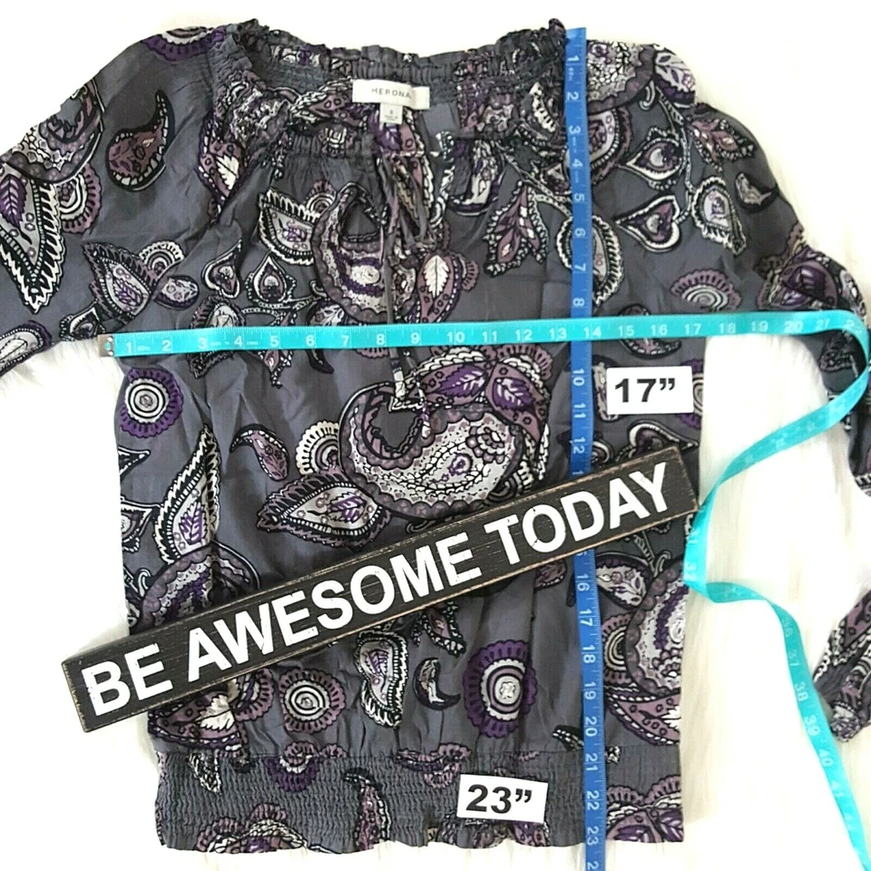 Merona Топ женщин маленький блузка серый пейсли хлопок крестьянин работы офиса карьеры - Изображение 3 из 4