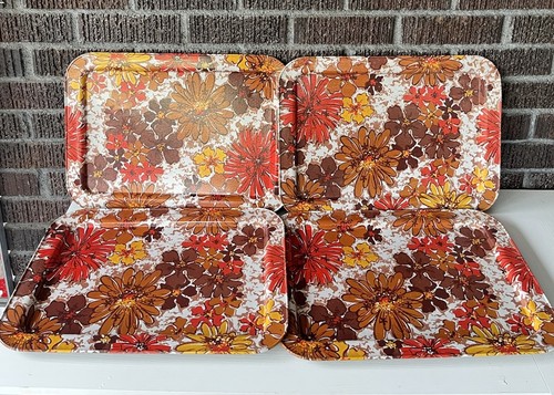 4 Vintage Metal Folding Lap TV Trays Bright Floral MCM Groovy 17.5” 60s 70s 80s